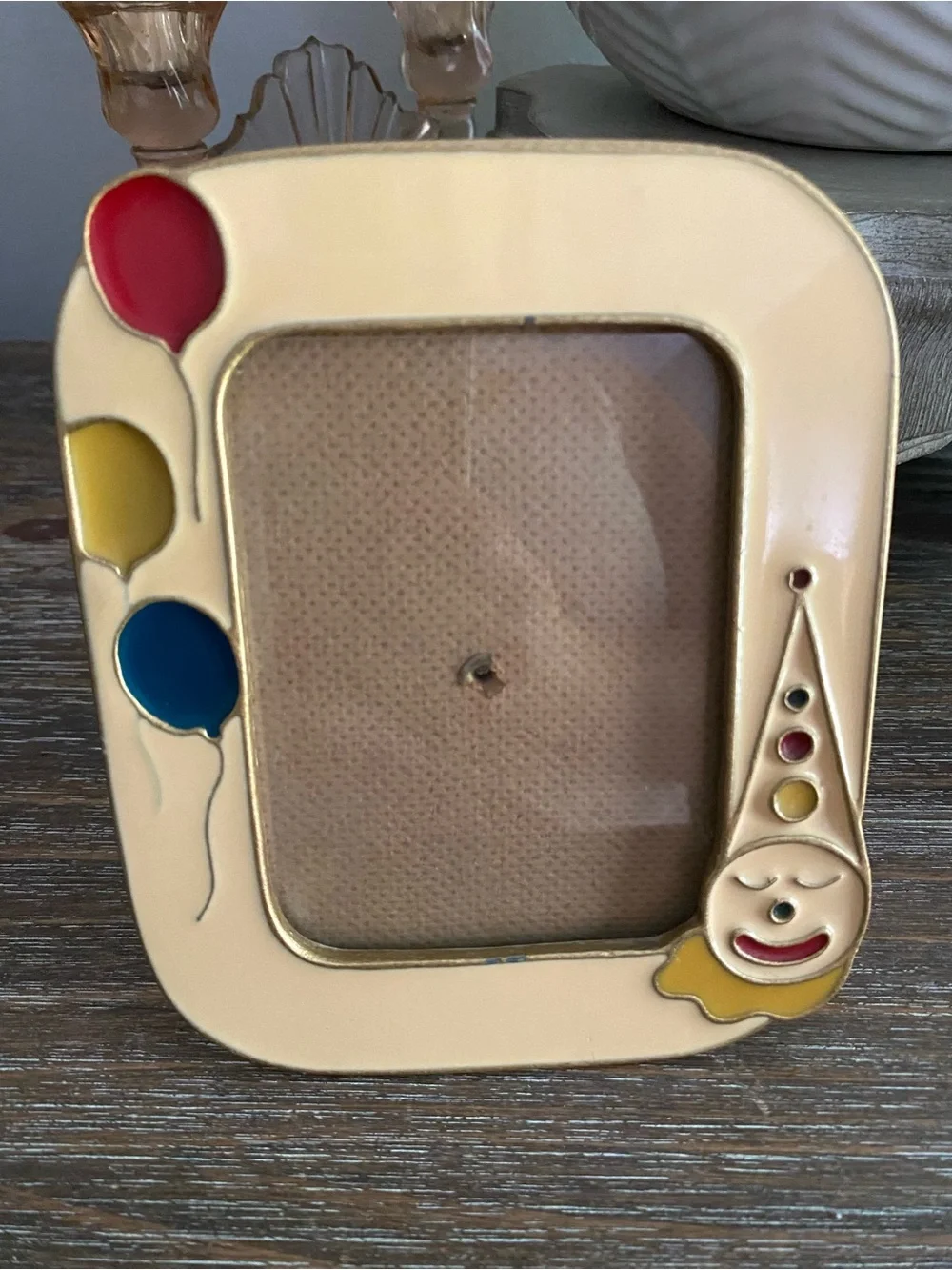 Vtg Bucklers Brass Enamel Clown Balloons Picture Frame Beige Red Yellow Blue 4x6